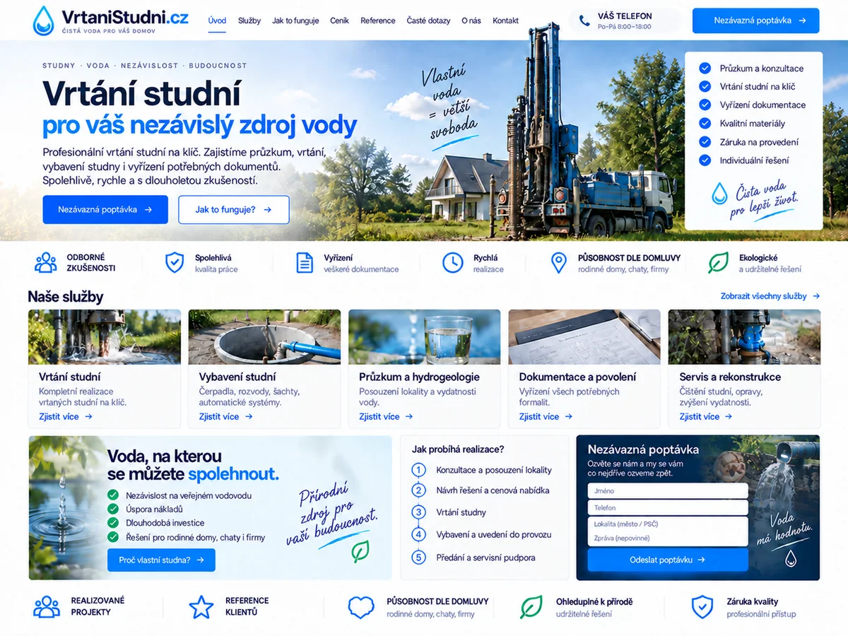 Ilustrační návrh webu pro vrtání studní a služby spojené s vlastními zdroji vody na doméně VrtaniStudni.cz